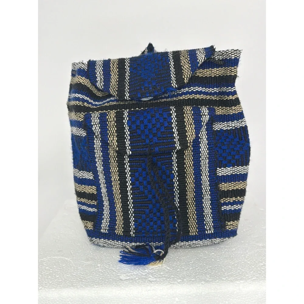 Handmade Woven Mini Backpack Blue Black Striped Boho Festival Rucksack Toggle